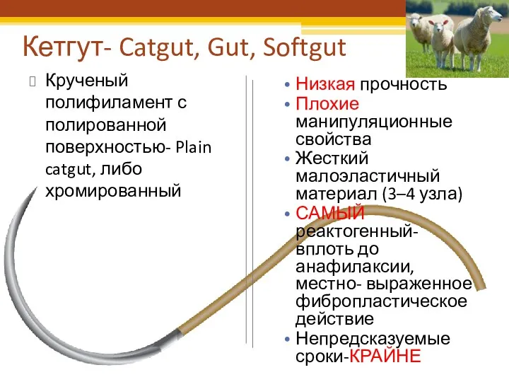 Кетгут- Catgut, Gut, Softgut Низкая прочность Плохие манипуляционные свойства Жесткий малоэластичный материал (3–4