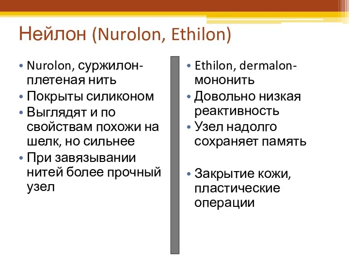 Нейлон (Nurolon, Ethilon) Nurolon, суржилон- плетеная нить Покрыты силиконом Выглядят