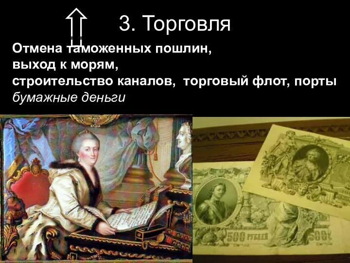 3. Торговля Отмена таможенных пошлин, выход к морям, строительство каналов, торговый флот, порты бумажные деньги