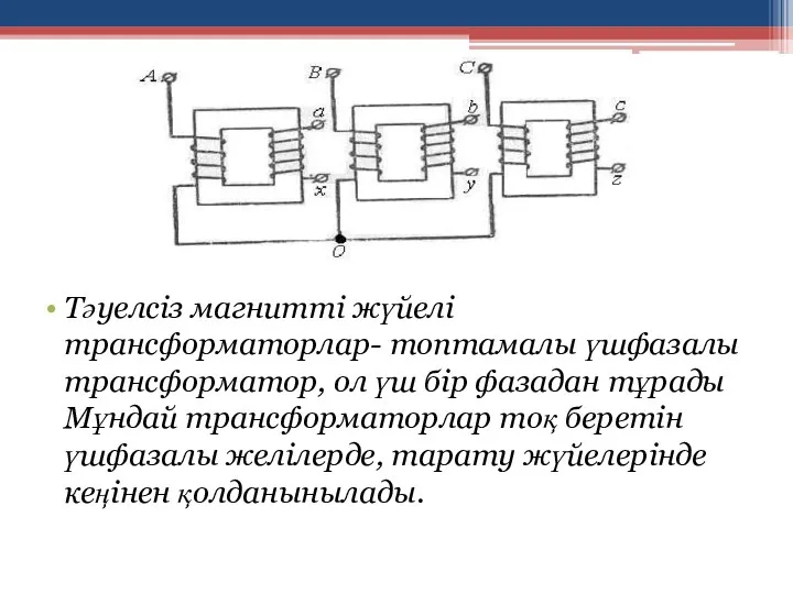 Тәуелсіз магнитті жүйелі трансформаторлар- топтамалы үшфазалы трансформатор, ол үш бір