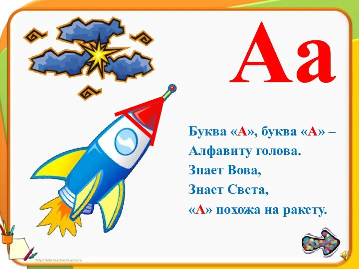 Аа Буква «А», буква «А» – Алфавиту голова. Знает Вова, Знает Света, «А» похожа на ракету.