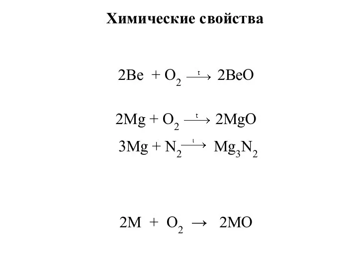 Химические свойства 2Bе + О2 2BеО 2Mg + О2 2MgО