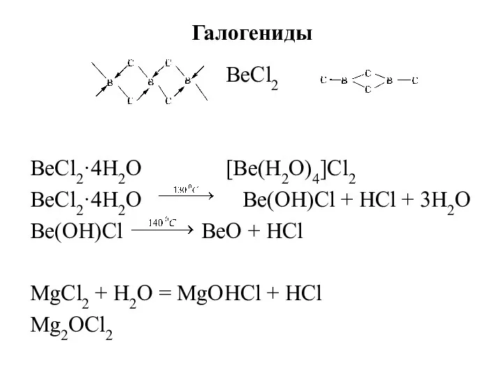 Галогениды BeCl2 BeCl2·4H2O [Be(H2O)4]Cl2 BeCl2·4H2O Be(OH)Cl + HCl + 3H2O