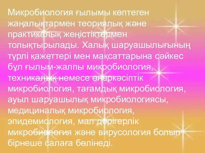 Микробиология ғылымы көптеген жаңалықтармен теориялық және практикалық жеңістіктермен толықтырылады. Халық