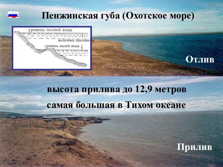 Пенжинская губа (Охотское море) Отлив Прилив высота прилива до 12,9 метров самая большая в Тихом океане