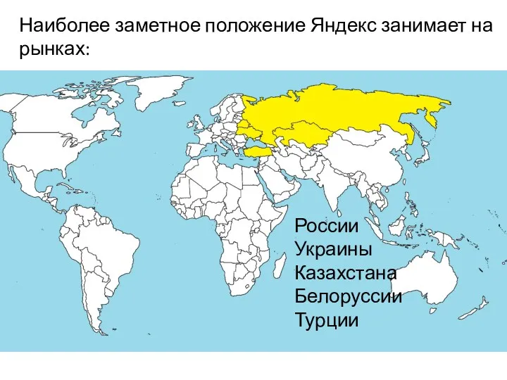 Наиболее заметное положение Яндекс занимает на рынках: России Украины Казахстана Белоруссии Турции