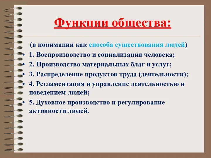 Функции общества: (в понимании как способа существования людей) 1. Воспроизводство