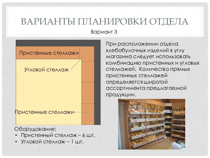 ВАРИАНТЫ ПЛАНИРОВКИ ОТДЕЛА Пристенные стеллажи Вариант 3 При расположении отдела