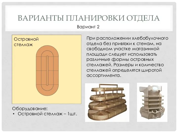 ВАРИАНТЫ ПЛАНИРОВКИ ОТДЕЛА Вариант 2 При расположении хлебобулочного отдела без привязки к стенам,