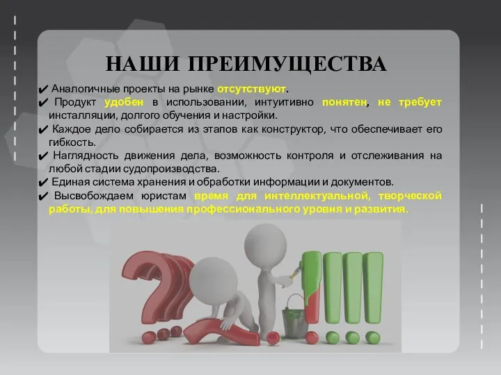 НАШИ ПРЕИМУЩЕСТВА Аналогичные проекты на рынке отсутствуют. Продукт удобен в