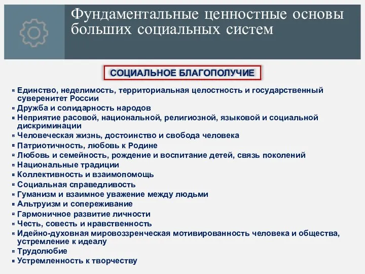 Фундаментальные ценностные основы больших социальных систем СОЦИАЛЬНОЕ БЛАГОПОЛУЧИЕ Единство, неделимость,