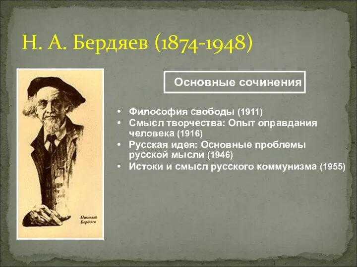 Н. А. Бердяев (1874-1948) Философия свободы (1911) Смысл творчества: Опыт