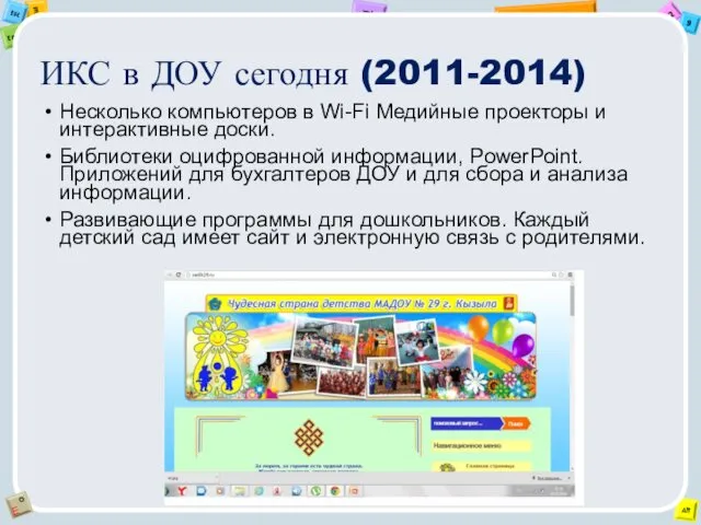 ИКС в ДОУ сегодня (2011-2014) Несколько компьютеров в Wi-Fi Медийные