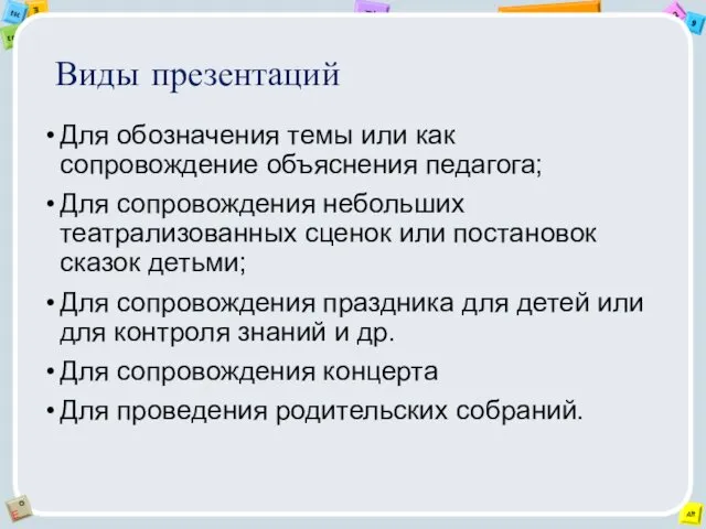 Виды презентаций Для обозначения темы или как сопровождение объяснения педагога;