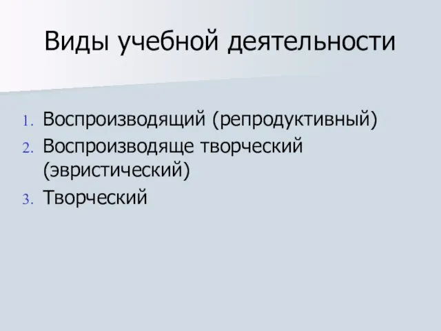 Виды учебной деятельности Воспроизводящий (репродуктивный) Воспроизводяще творческий (эвристический) Творческий