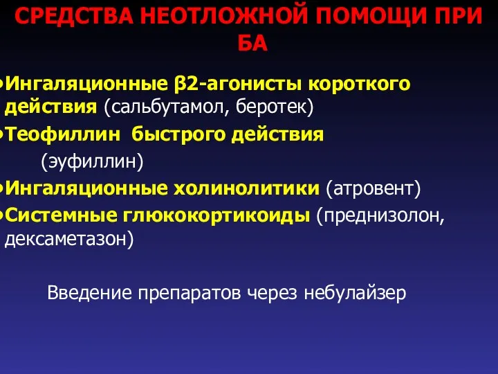 СРЕДСТВА НЕОТЛОЖНОЙ ПОМОЩИ ПРИ БА Ингаляционные β2-агонисты короткого действия (сальбутамол,