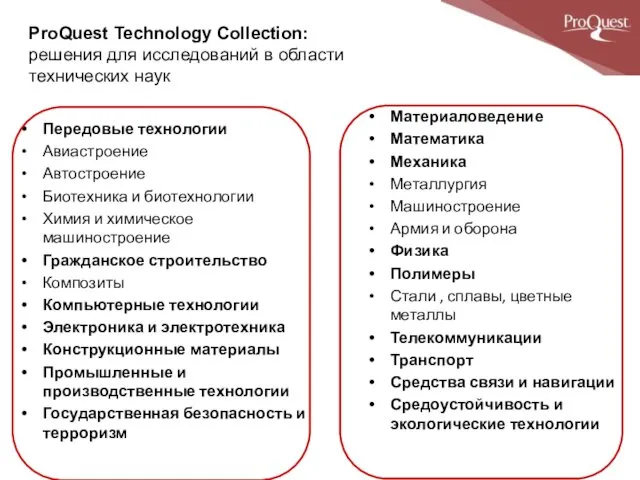 ProQuest Technology Collection: решения для исследований в области технических наук Передовые технологии Авиастроение