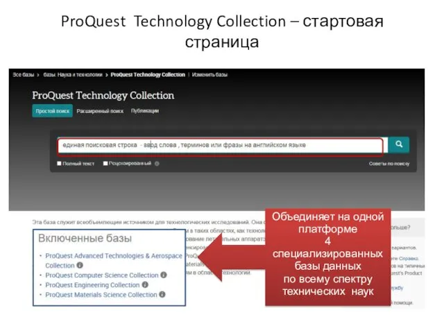 ProQuest Technology Collection – стартовая страница Объединяет на одной платформе 4 специализированных базы