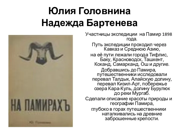 Юлия Головнина Надежда Бартенева Участницы экспедиции на Памир 1898 года.