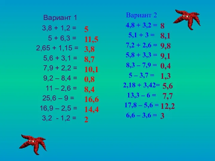 Вариант 1 3,8 + 1,2 = 5 + 6,3 =