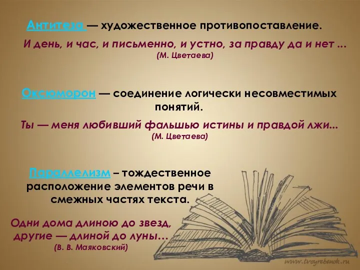 Антитеза — художественное противопоставление. И день, и час, и письменно,