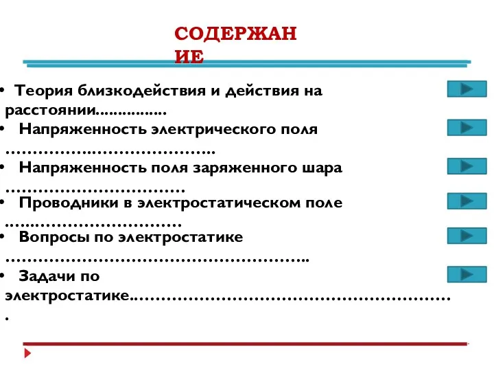 СОДЕРЖАНИЕ Теория близкодействия и действия на расстоянии................ Напряженность электрического поля