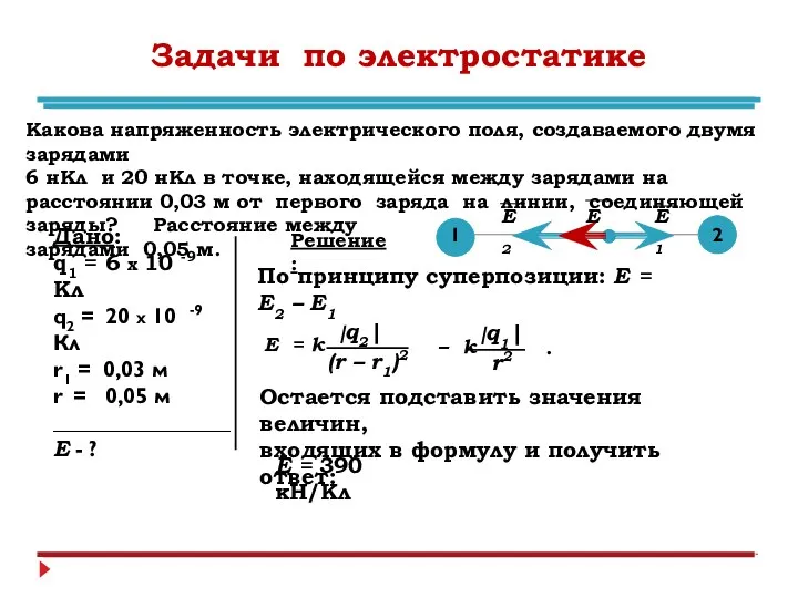 Задачи по электростатике Какова напряженность электрического поля, создаваемого двумя зарядами