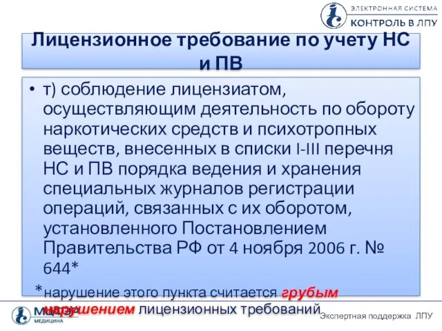 Лицензионное требование по учету НС и ПВ т) соблюдение лицензиатом, осуществляющим деятельность по