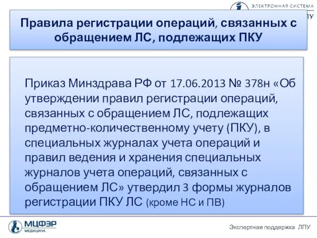 Правила регистрации операций, связанных с обращением ЛС, подлежащих ПКУ Приказ Минздрава РФ от
