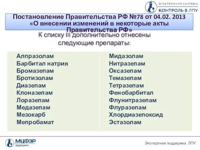 К списку III дополнительно отнесены следующие препараты: Постановление Правительства РФ №78 от 04.02.
