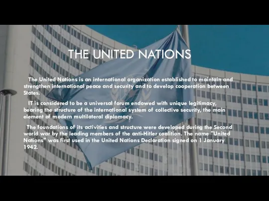 THE UNITED NATIONS The United Nations is an international organization