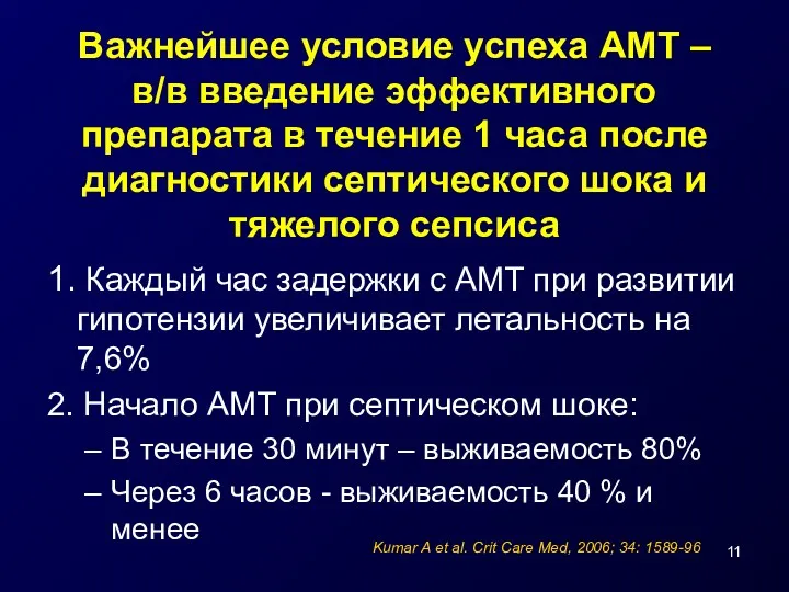 Важнейшее условие успеха АМТ – в/в введение эффективного препарата в