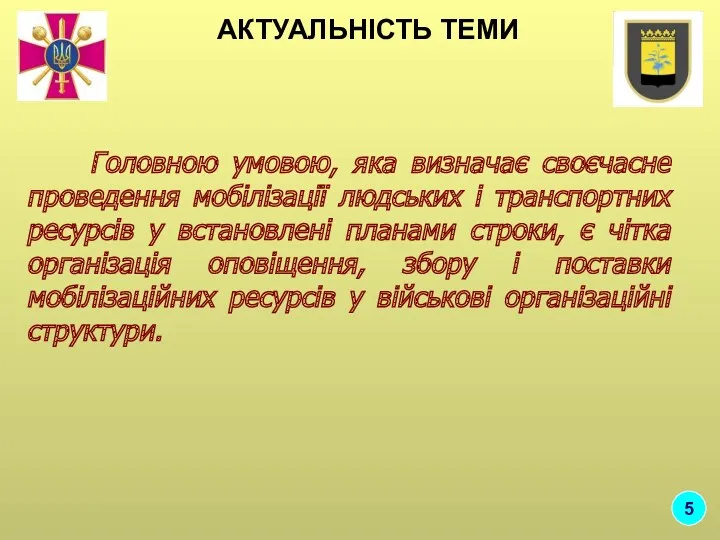 АКТУАЛЬНІСТЬ ТЕМИ 5 Головною умовою, яка визначає своєчасне проведення мобілізації