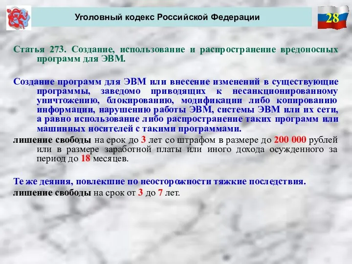 28 Уголовный кодекс Российской Федерации Статья 273. Создание, использование и