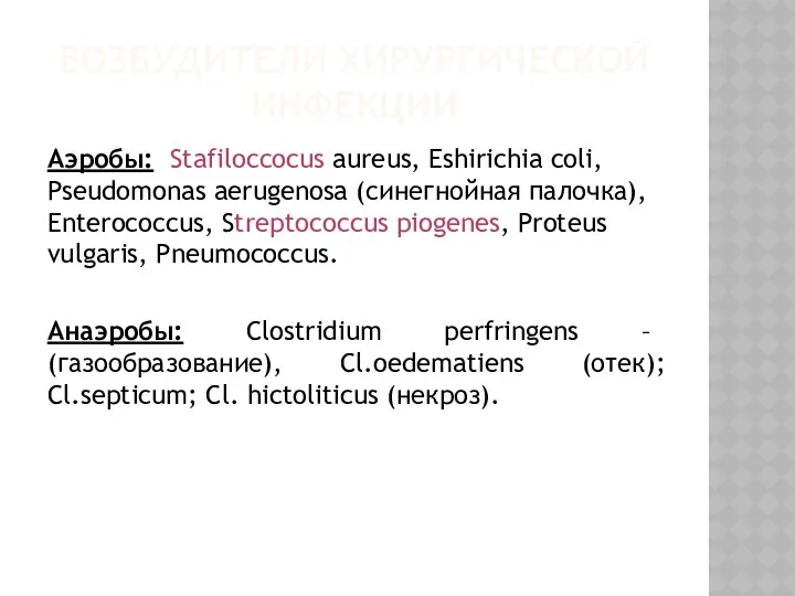ВОЗБУДИТЕЛИ ХИРУРГИЧЕСКОЙ ИНФЕКЦИИ Аэробы: Stafiloccocus aureus, Eshirichia coli, Pseudomonas aerugenosa (синегнойная палочка), Enterococcus,
