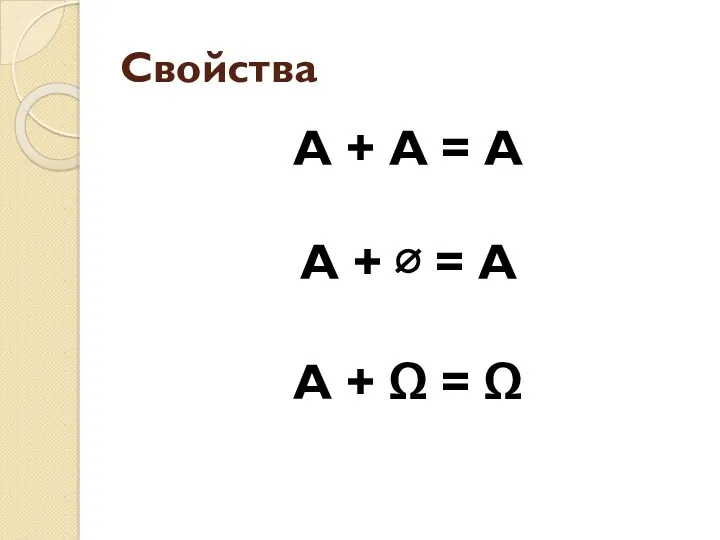 Свойства А + А = А А + ∅ = А А + Ω = Ω