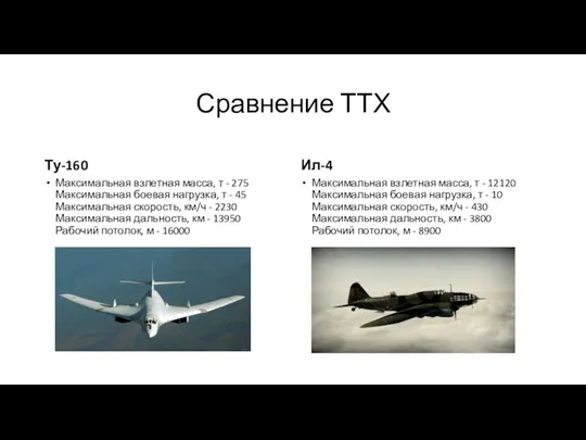 Сравнение ТТХ Ту-160 Максимальная взлетная масса, т - 275 Максимальная боевая нагрузка, т