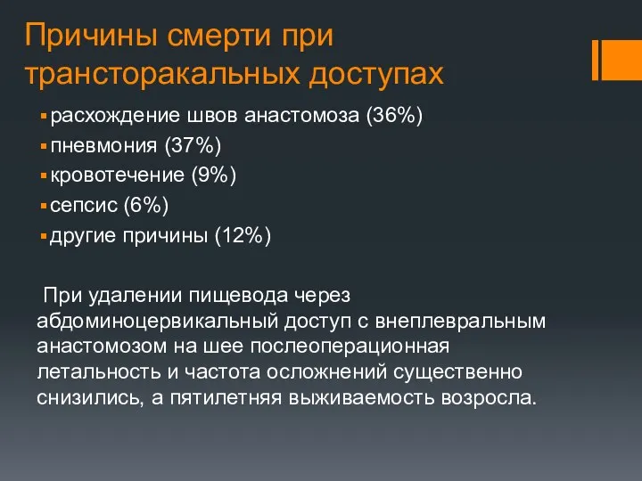 Причины смерти при трансторакальных доступах расхождение швов анастомоза (36%) пневмония