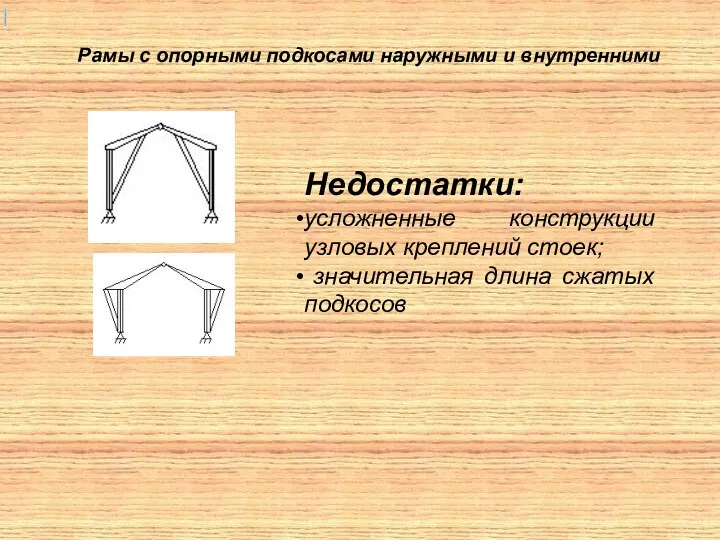 Рамы с опорными подкосами наружными и внутренними Недостатки: усложненные конструкции