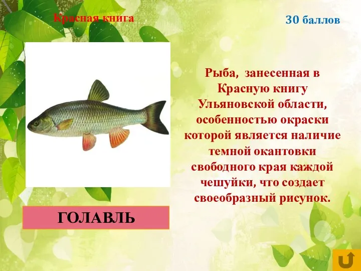 30 баллов Рыба, занесенная в Красную книгу Ульяновской области, особенностью окраски которой является