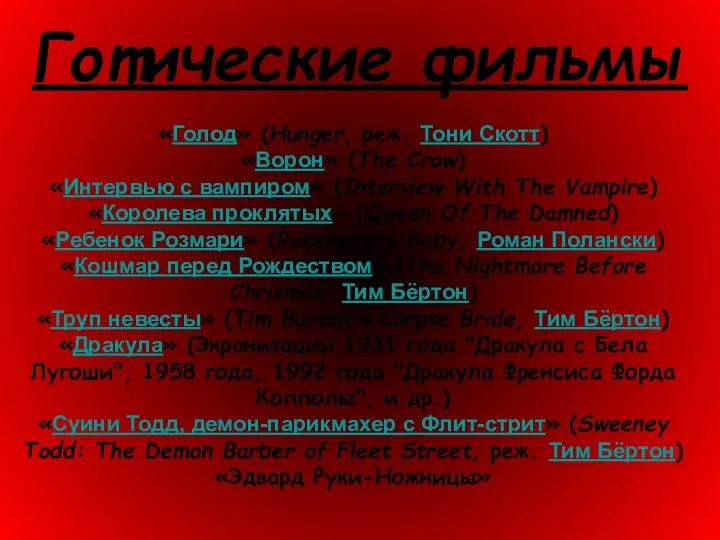 Готические фильмы «Голод» (Hunger, реж. Тони Скотт) «Ворон» (The Crow)