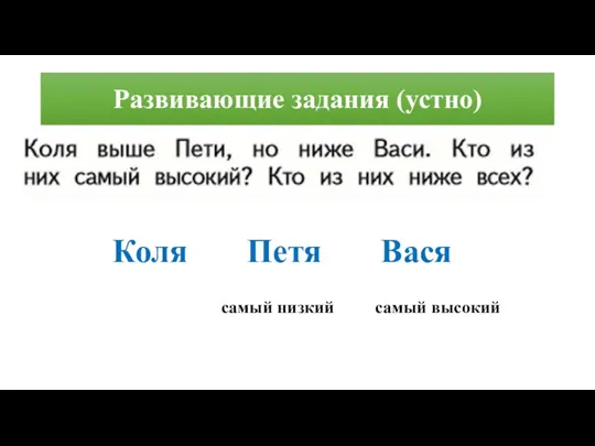 Развивающие задания (устно) Коля Петя Вася самый высокий самый низкий