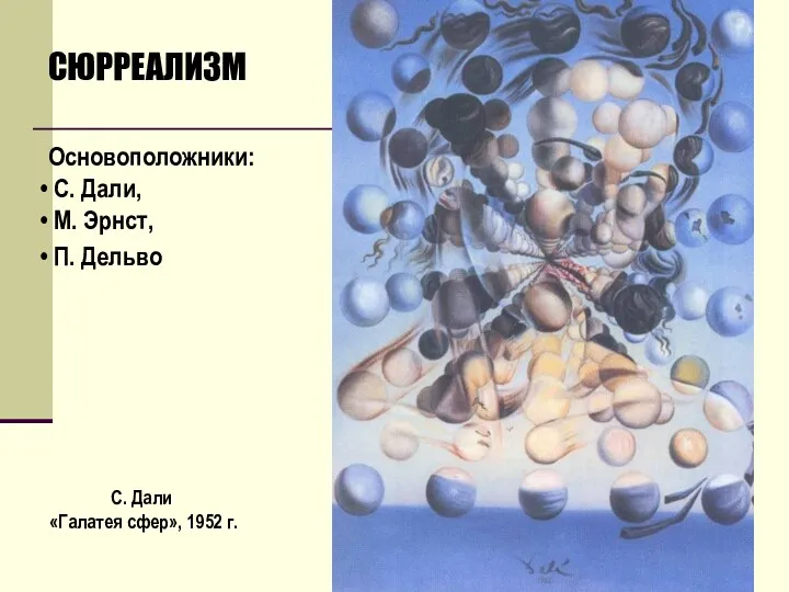 С. Дали «Галатея сфер», 1952 г. СЮРРЕАЛИЗМ Основоположники: С. Дали, М. Эрнст, П. Дельво