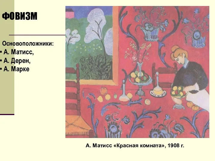 А. Матисс «Красная комната», 1908 г. ФОВИЗМ Основоположники: А. Матисс, А. Дерен, А. Марке