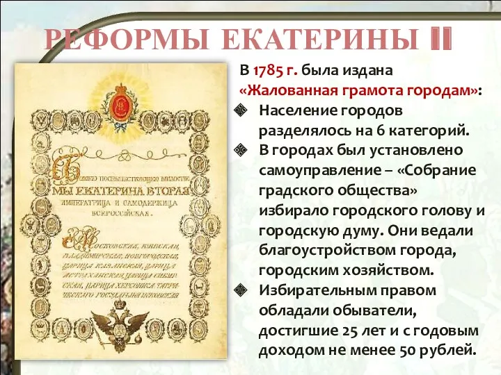 РЕФОРМЫ ЕКАТЕРИНЫ II В 1785 г. была издана «Жалованная грамота