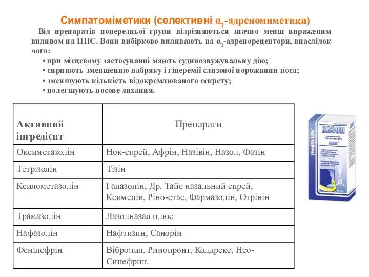 Симпатоміметики (селективні α1-адреномиметики) Від препаратів попередньої групи відрізняються значно менш вираженим впливом на