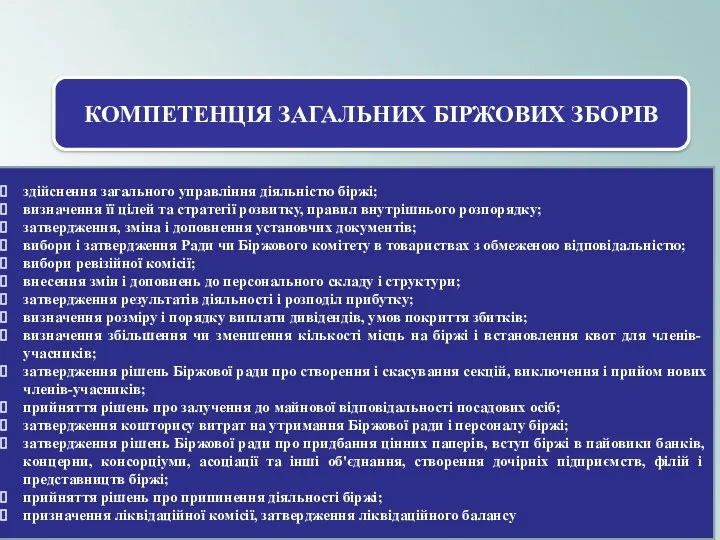 КОМПЕТЕНЦІЯ ЗАГАЛЬНИХ БІРЖОВИХ ЗБОРІВ здійснення загального управління діяльністю біржі; визначення