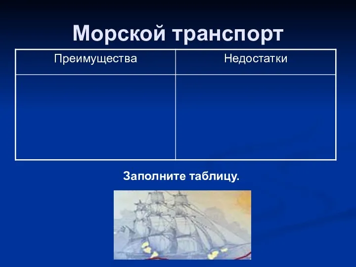 Морской транспорт Заполните таблицу.