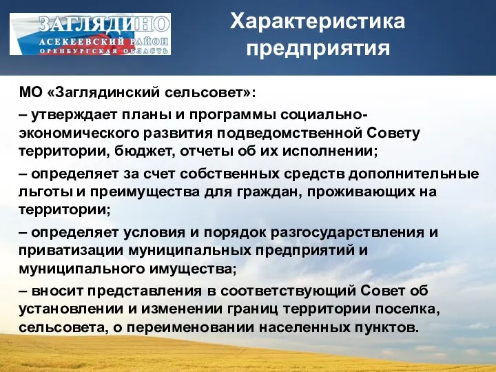 Характеристика предприятия МО «Заглядинский сельсовет»: – утверждает планы и программы