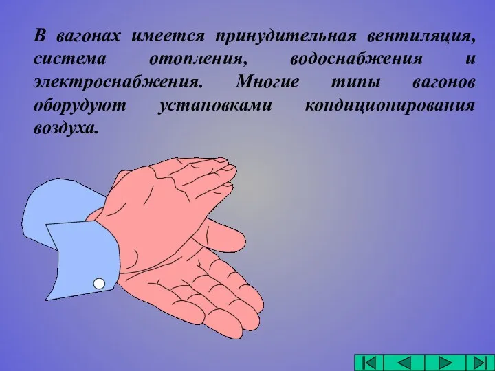 В вагонах имеется принудительная вентиляция, система отопления, водоснабжения и электроснабжения.